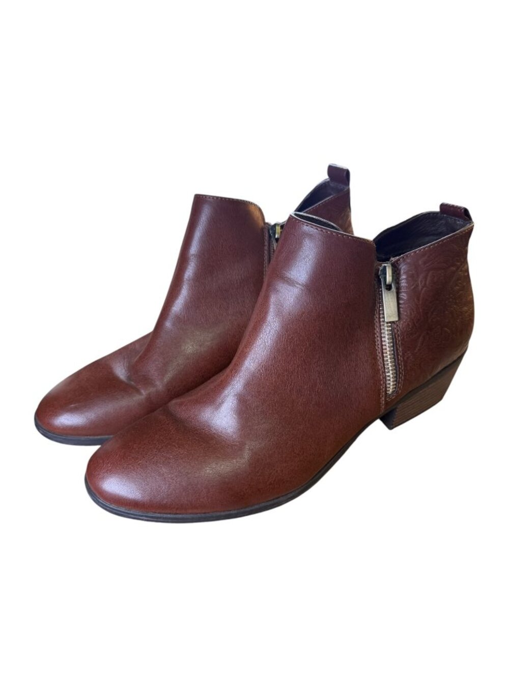 X-appeal Brown Faux Leather Ankle Boots Side Zippers & Embossed Design 11 EUC